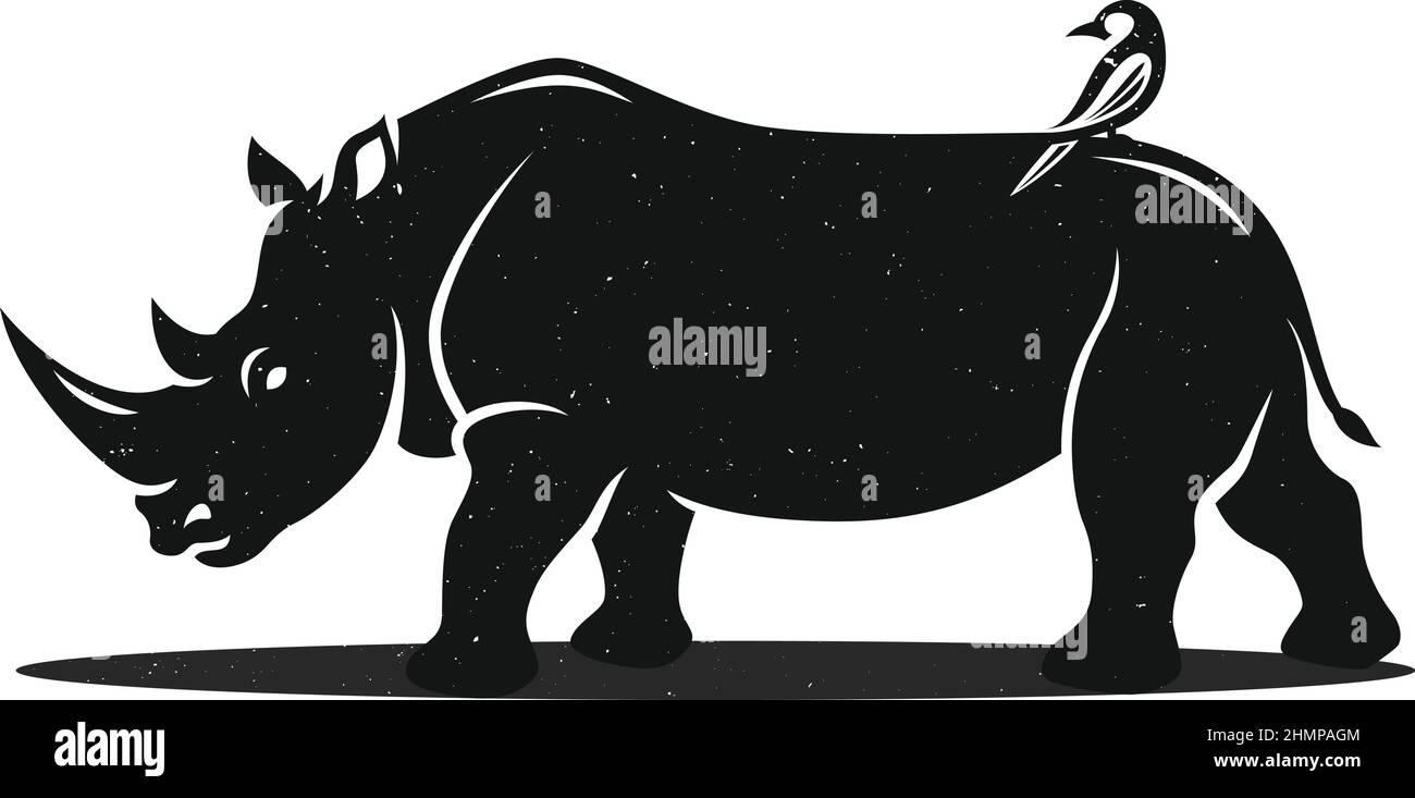 Silhouette of White Rhino with a Bird Standing on His Back Stock Vector