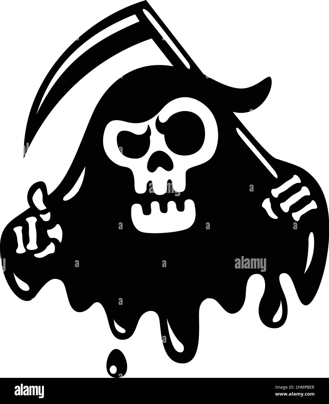 Cartoon Character Reaper with the Scythe, Pointing and Melting Stock Vector