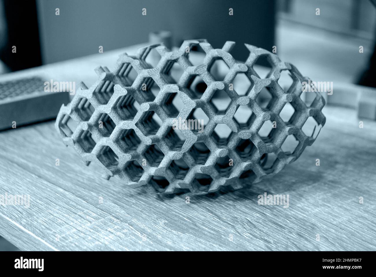 Gray abstract model printed on 3d printer from powder on background. Stock Photo