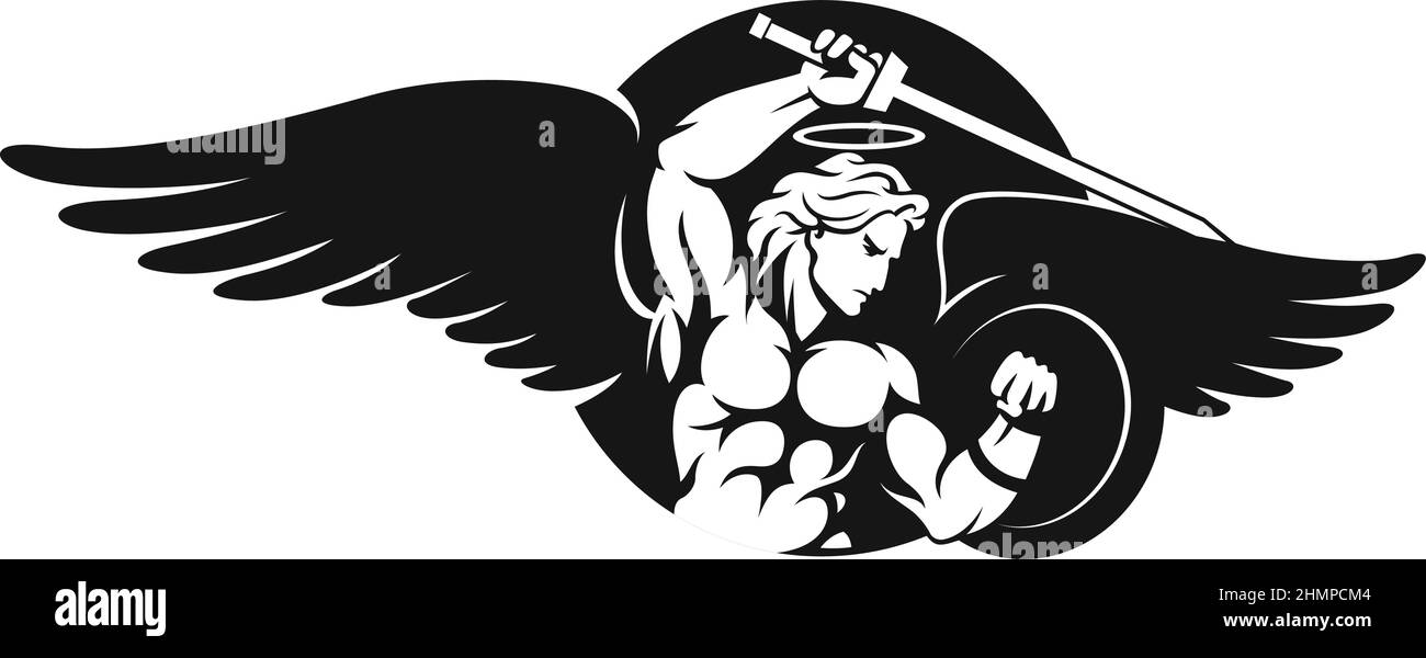 Black angel fighting sword and shield Stock Vector