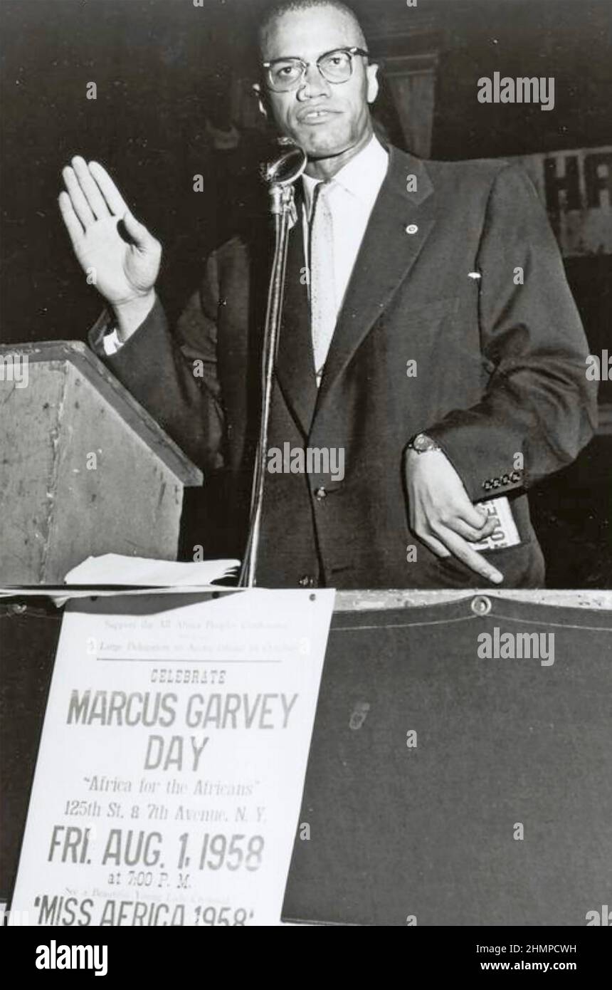 MALCOLM X (1925-1965) African-American Muslim minister speaking at a memorial service for Marcus Garvey in 1958 Stock Photo
