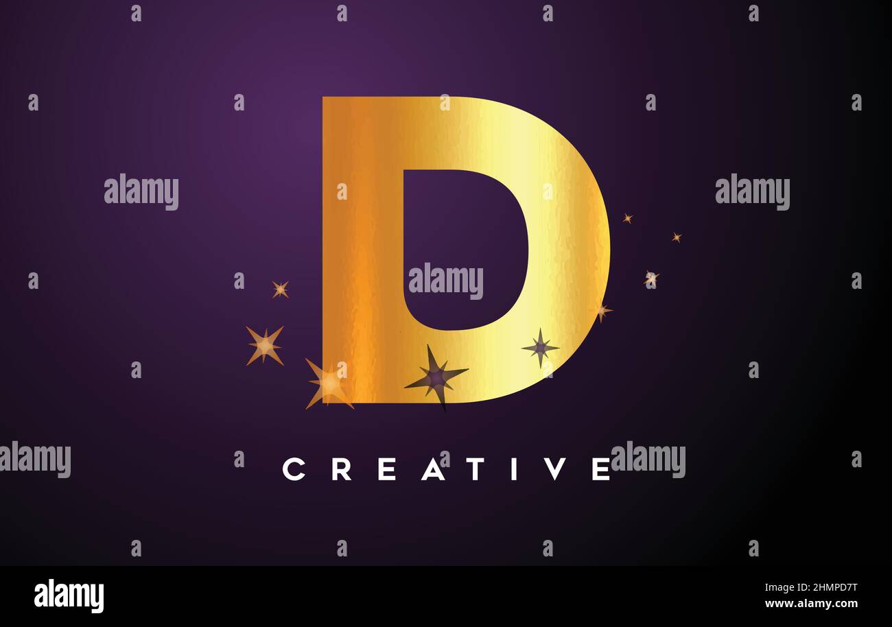 Gold D Letter Logo with Golden Glitter Stars and Gold Foil Texture Icon ...