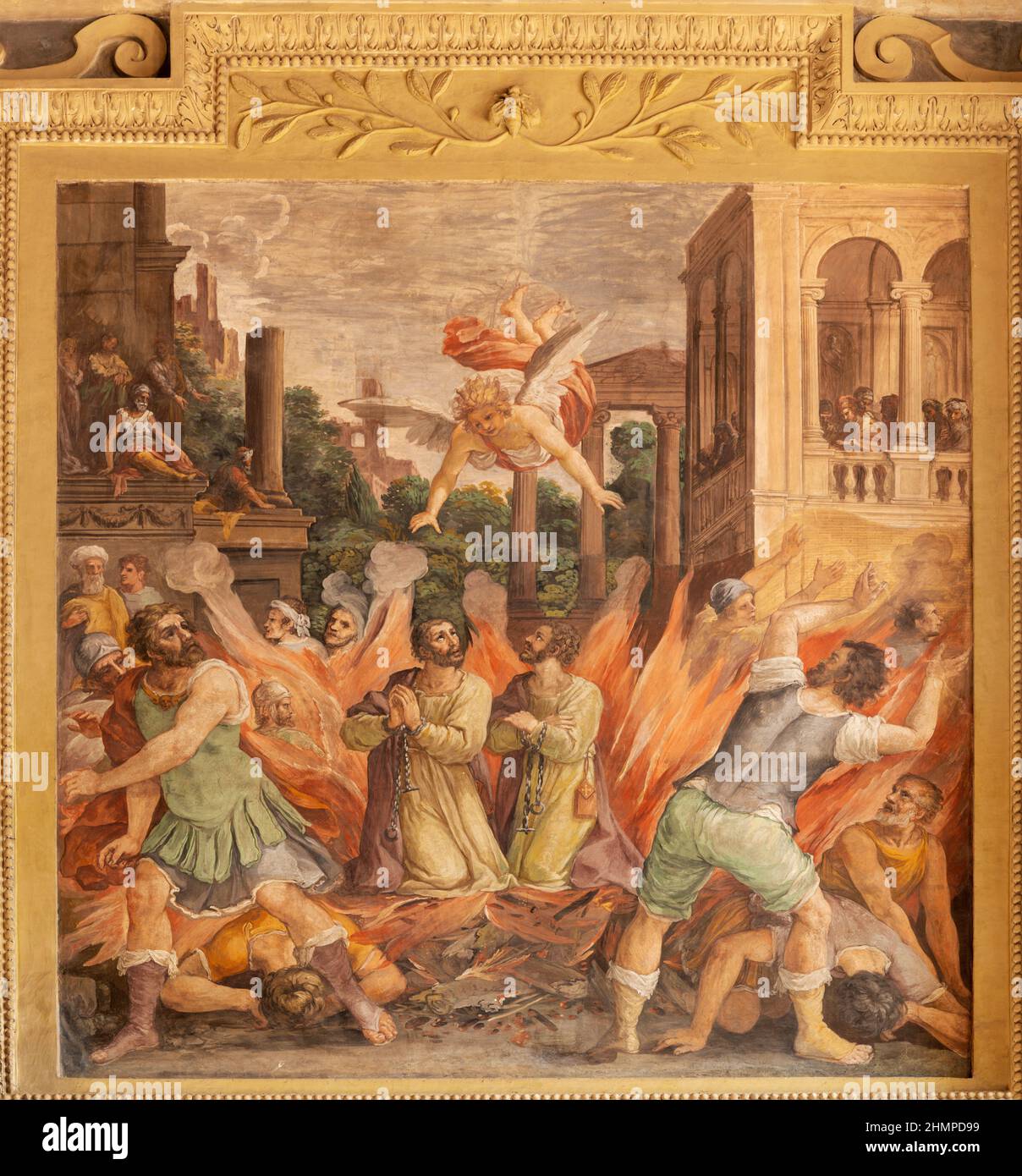 ROME, ITALY - AUGUST 30, 2021: The fresco of martyrdom of St. Cosmas and Damian in the church Basilica dei Sancti Cosma e Damiano by Francesco Allegri Stock Photo