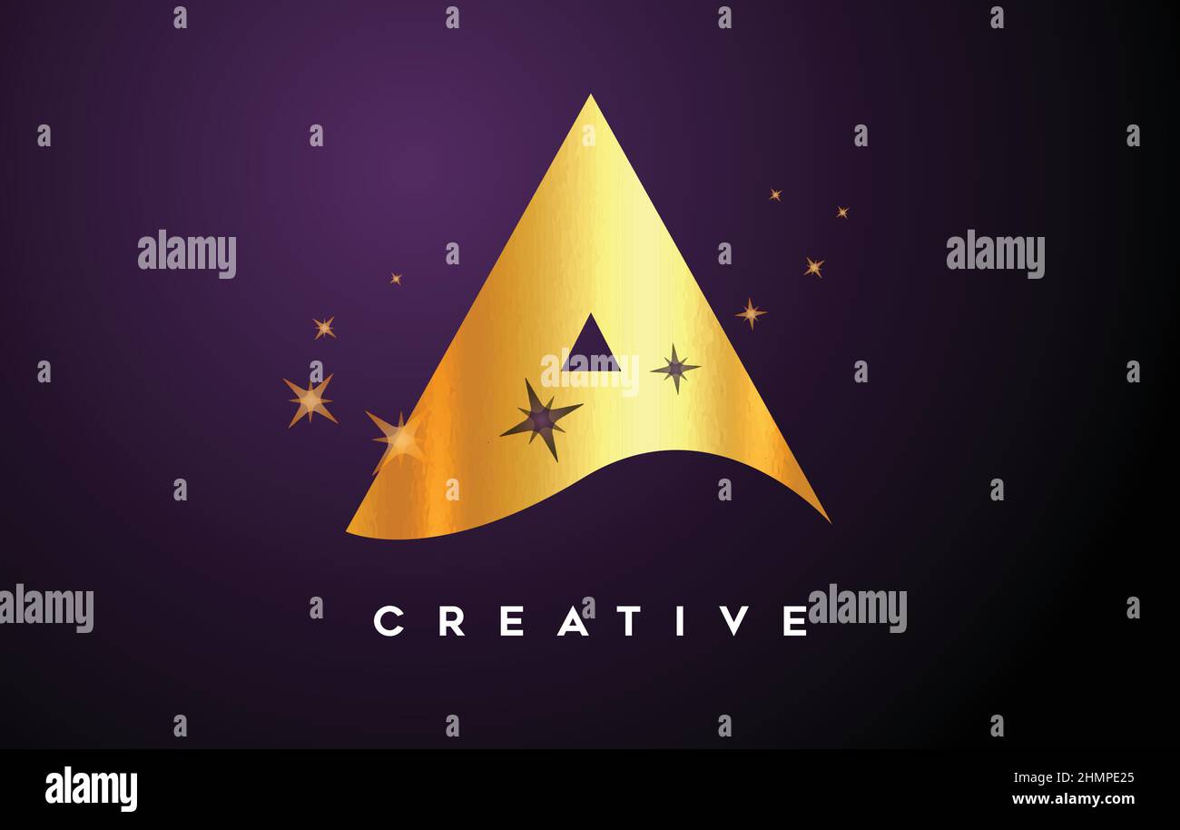Gold A Letter Logo with Golden Glitter Stars and Gold Foil Texture Icon ...