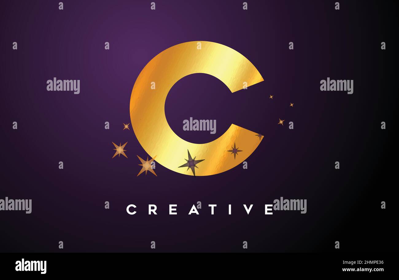 Gold C Letter Logo with Golden Glitter Stars and Gold Foil Texture Icon ...