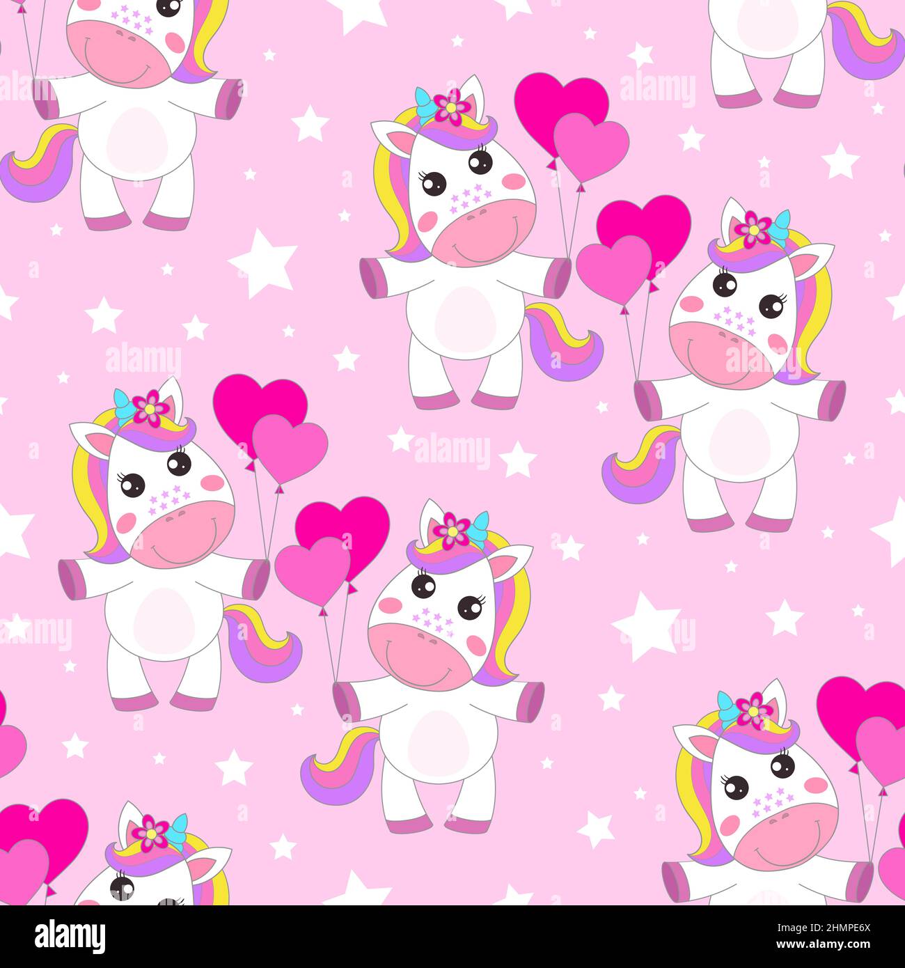 Seamless pattern with cute unicorn flying on heart shaped balloons. Vector Stock Vector