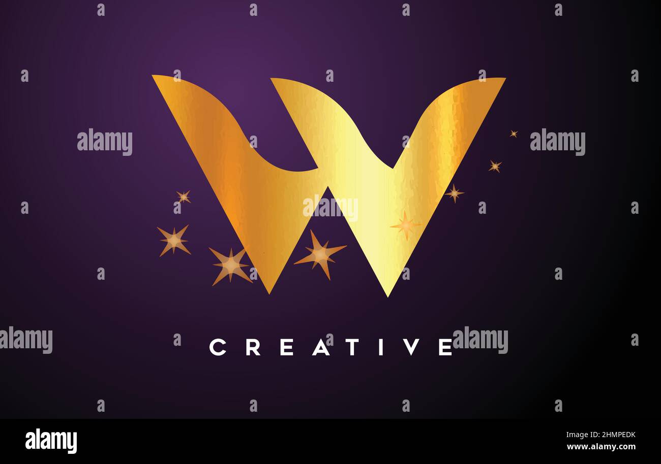 Gold W Letter Logo with Golden Glitter Stars and Gold Foil Texture Icon ...