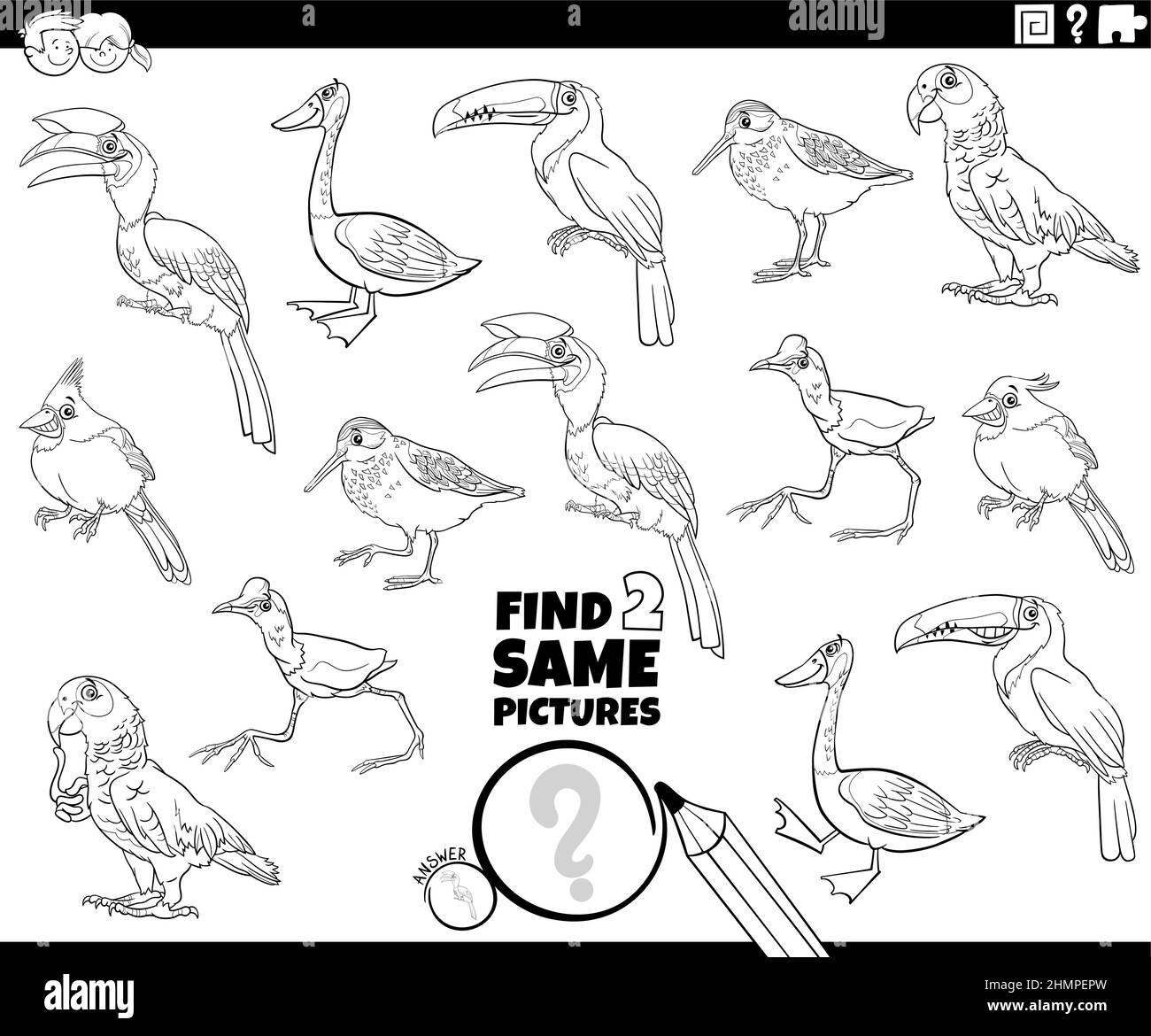 Black and white cartoon illustration of finding two same pictures ...
