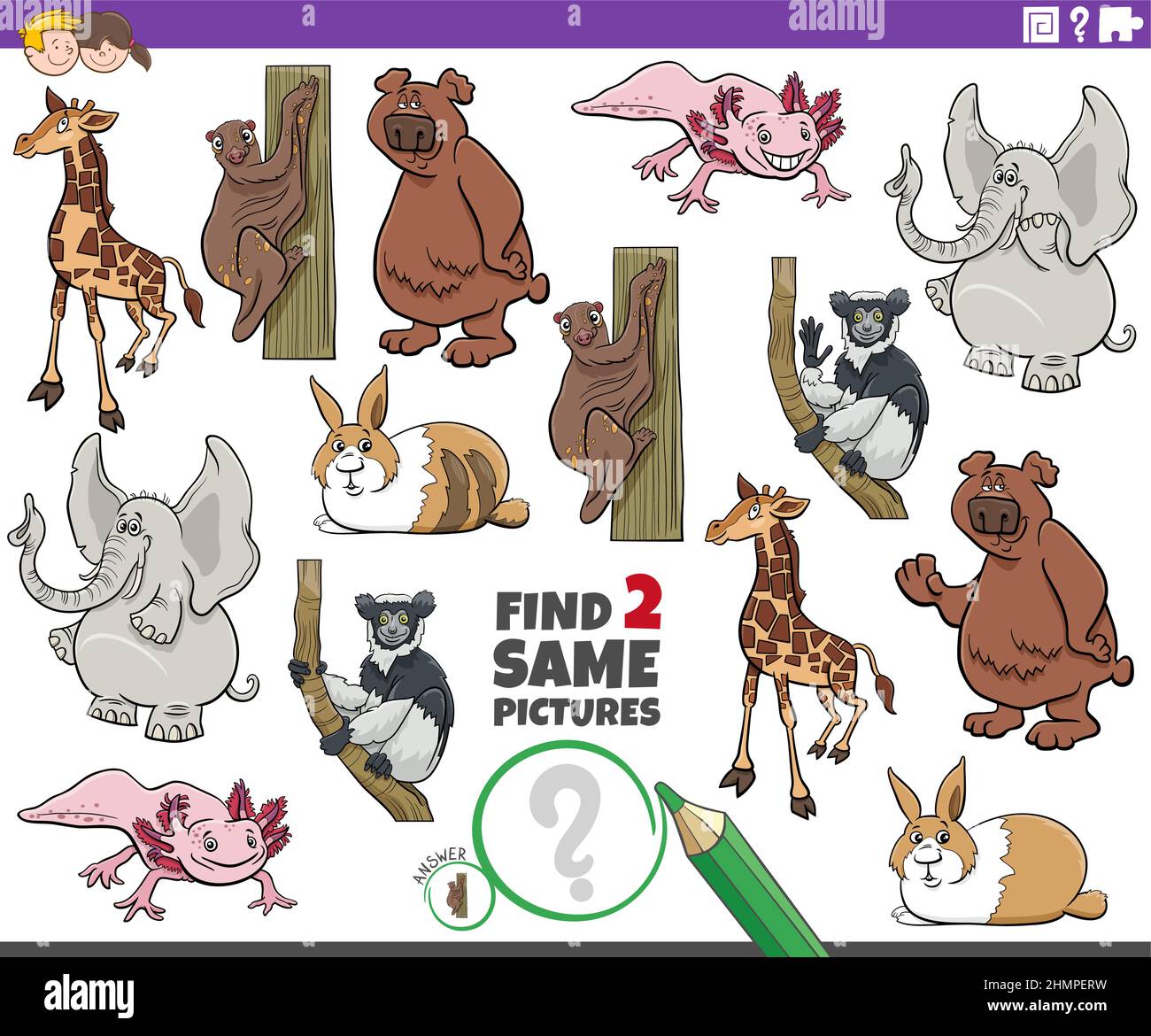 Cartoon illustration of finding two same pictures educational game with cartoon wild animals characters Stock Vector