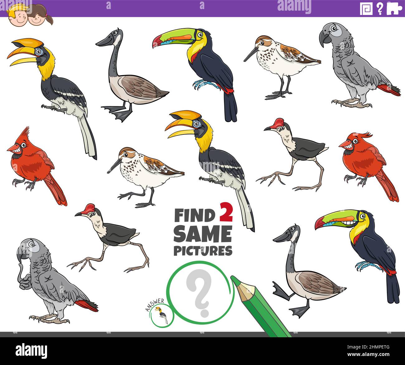 Cartoon illustration of finding two same pictures educational game with ...