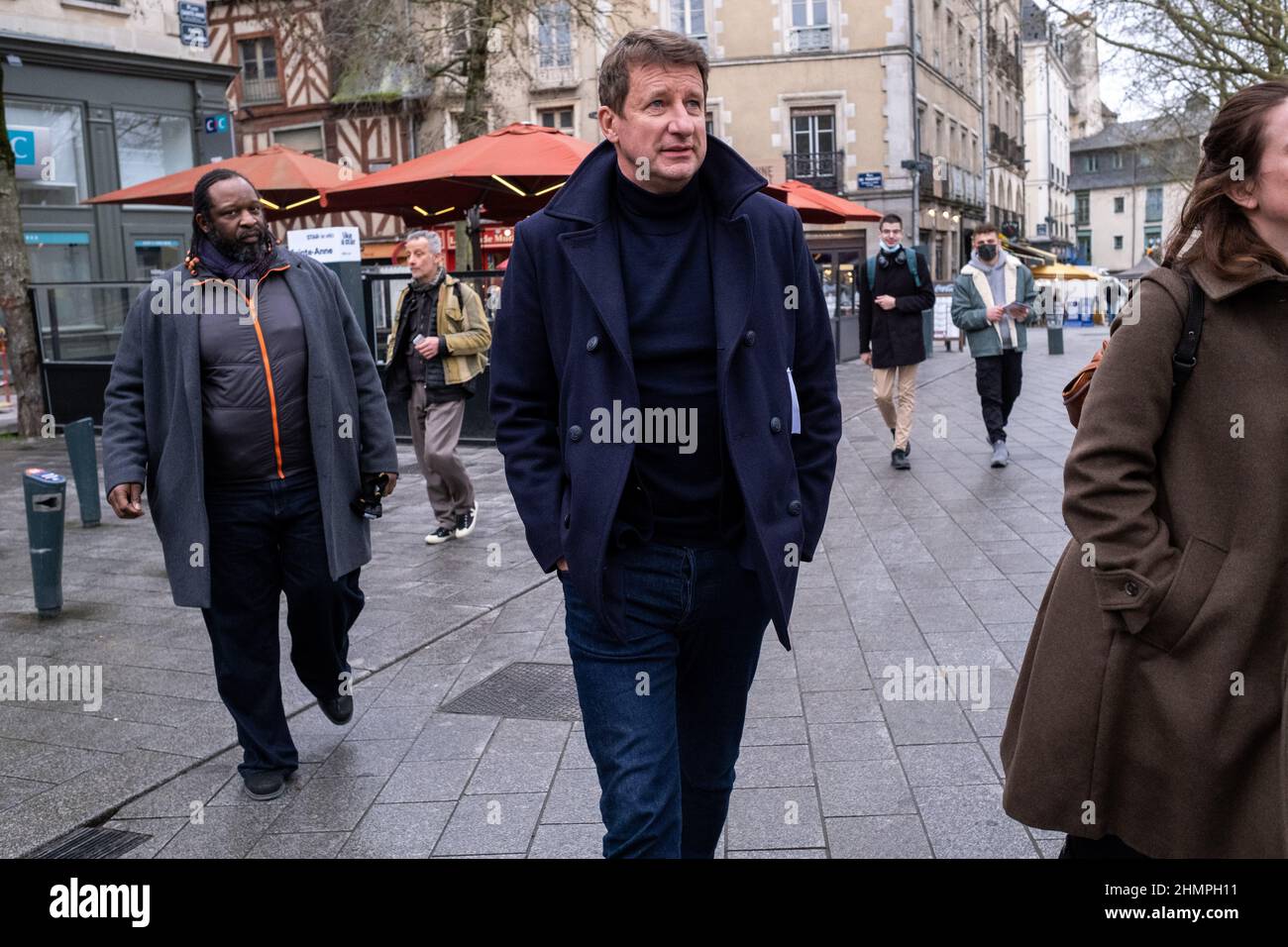 Yannick Jadot, Member of the European Parliament and candidate for the presidential election of the Europe Ecologie Les Verts (EELV) party, in Rennes to hold a meeting on the Place Hoche. Rennes, Brittany. France. Stock Photo