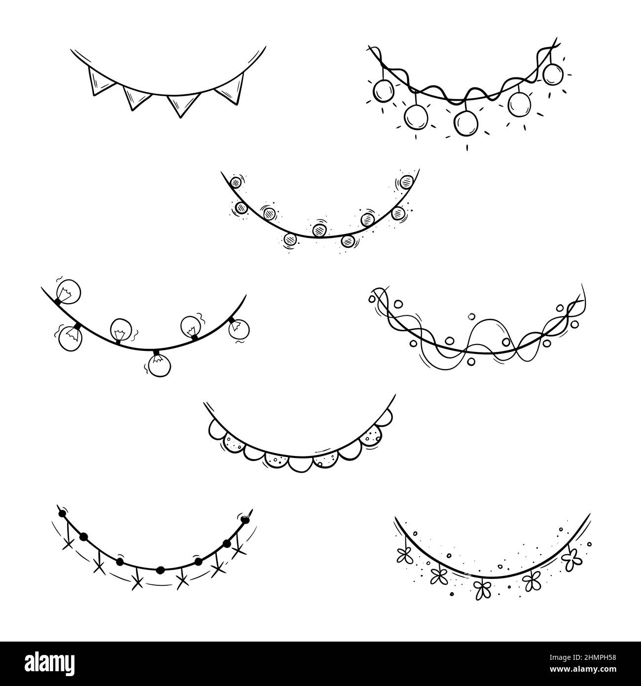 Doodle style garland set with black outline. Triangle, lamp, flowers garland. Stock Vector