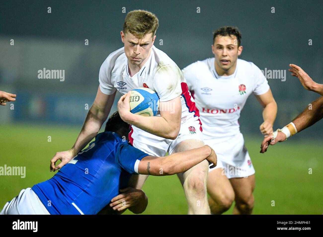 Treviso, Italy. 11th Feb, 2022. Francis Moore (England) tackled by Frangini  Lapo (Italy) during 2022 Six Nations Under 20 - Italy vs England, Rugby Six  Nations match in Treviso, Italy, February 11