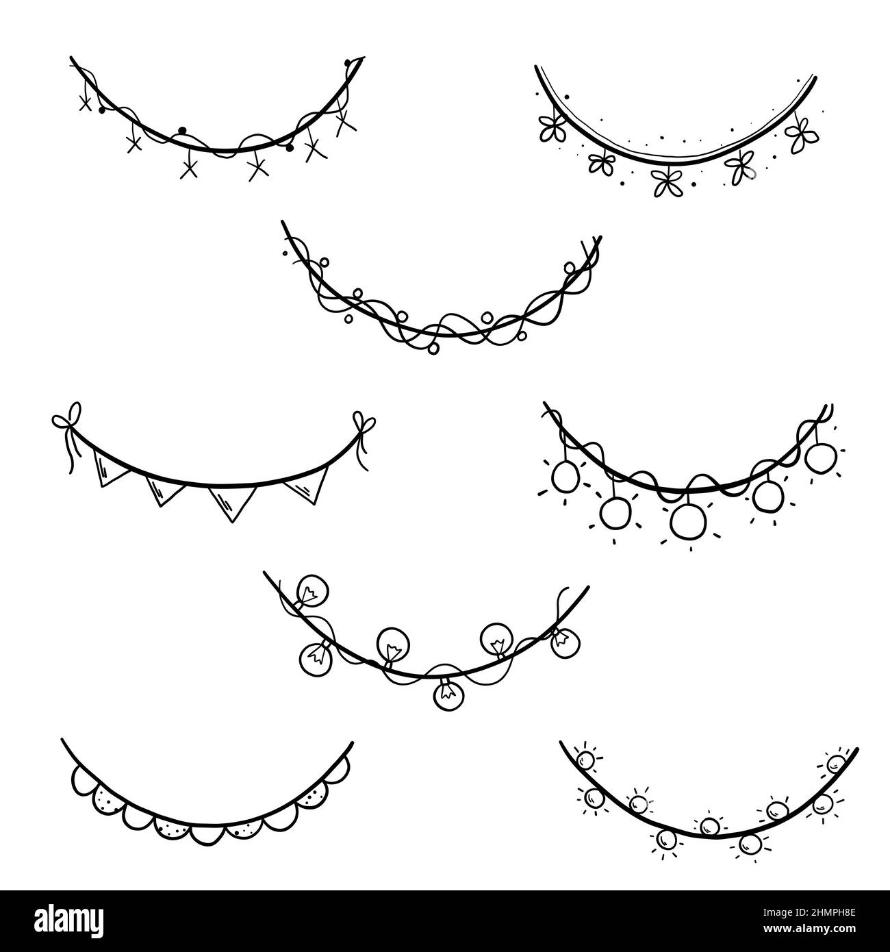 Doodle style garland set with black outline. Triangle, lamp, flowers garland. Stock Vector