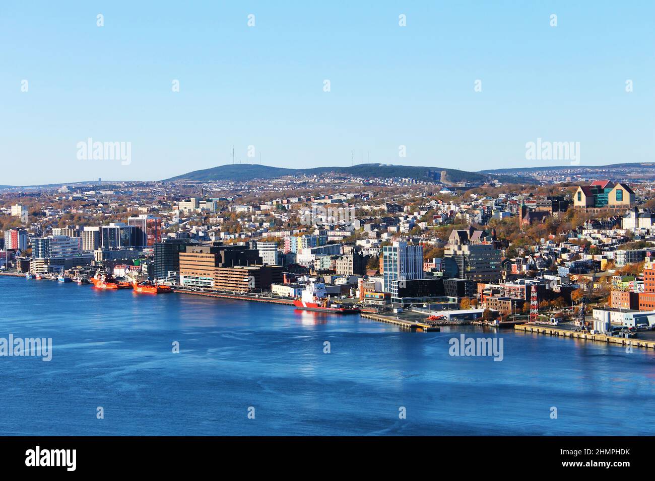 View of city of St. John's looking northwest from Signal Hill, over St. John's Harbour. Stock Photo