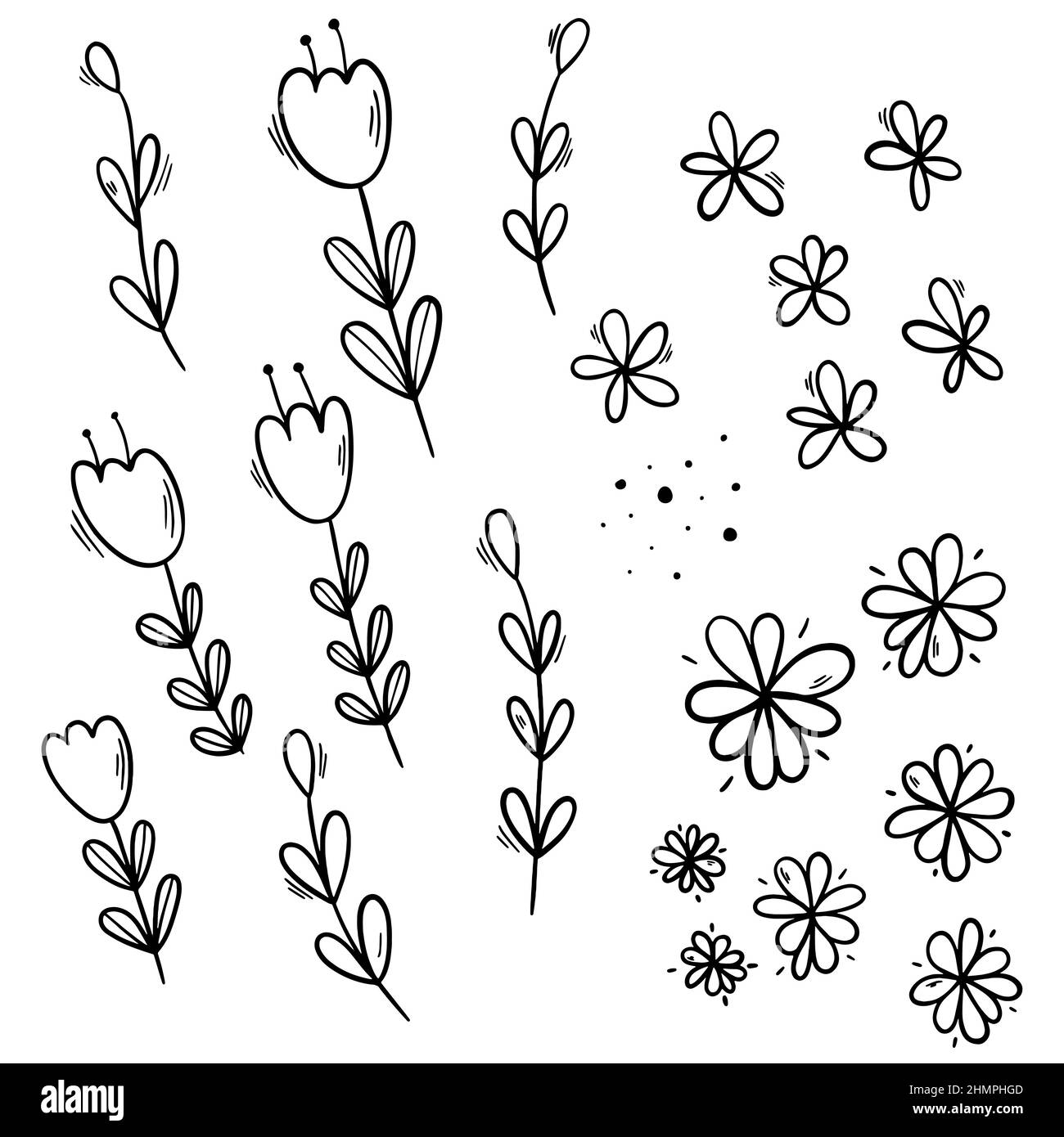 Doodle black outline flowers set on white. Stock Vector