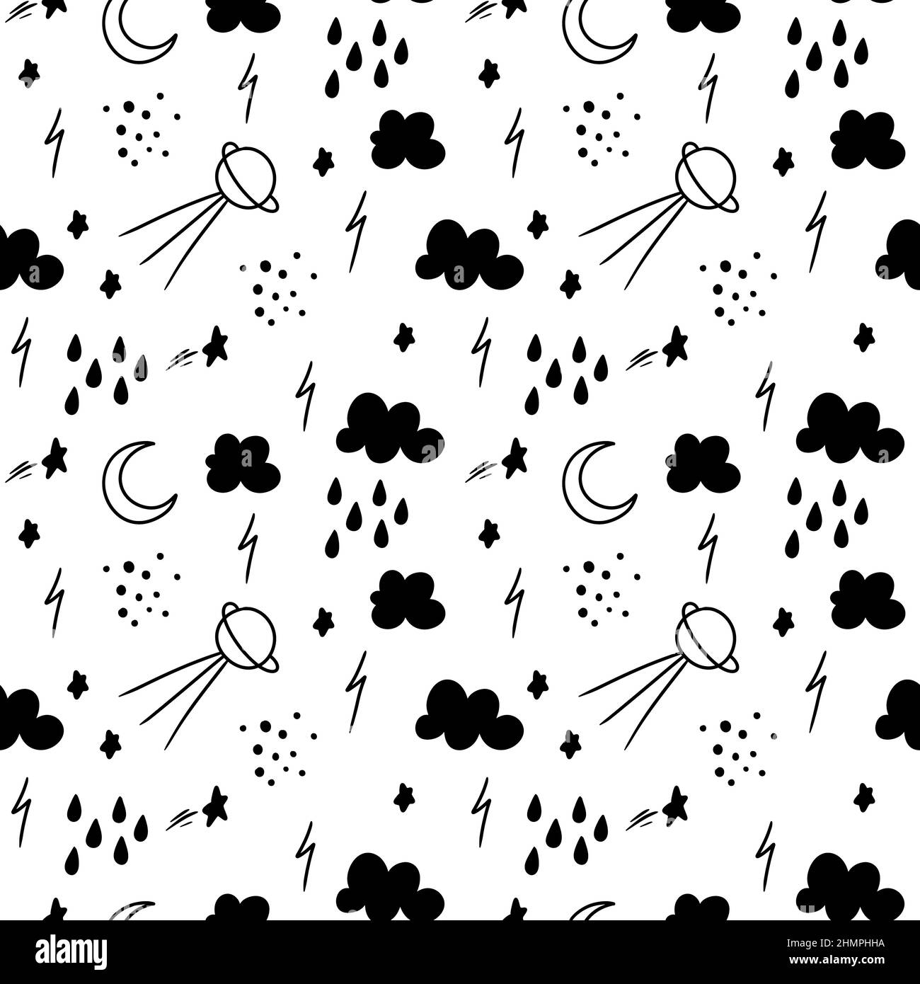 Kids seamless pattern with clouds, plantes, stars, raindrops and satellite. Stock Vector