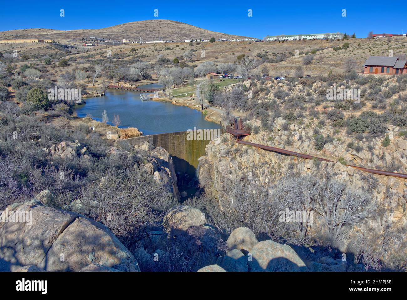 Aerial view of Fain Lake Dam, Prescott Valley, Yavapai County, Arizona, USA Stock Photo