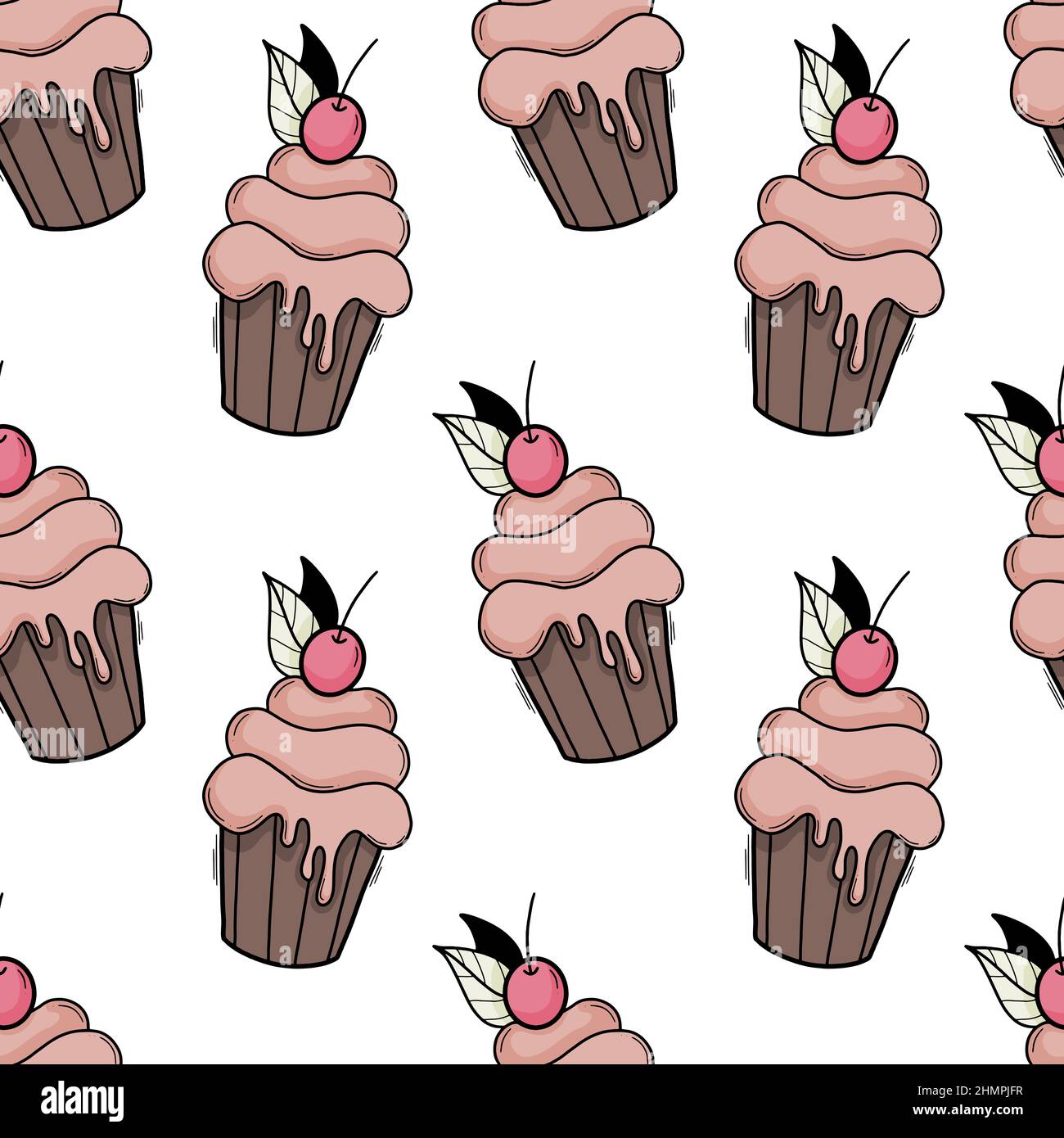 Seamless pattern with hand drawn cupcakes with cherries. Stock Vector