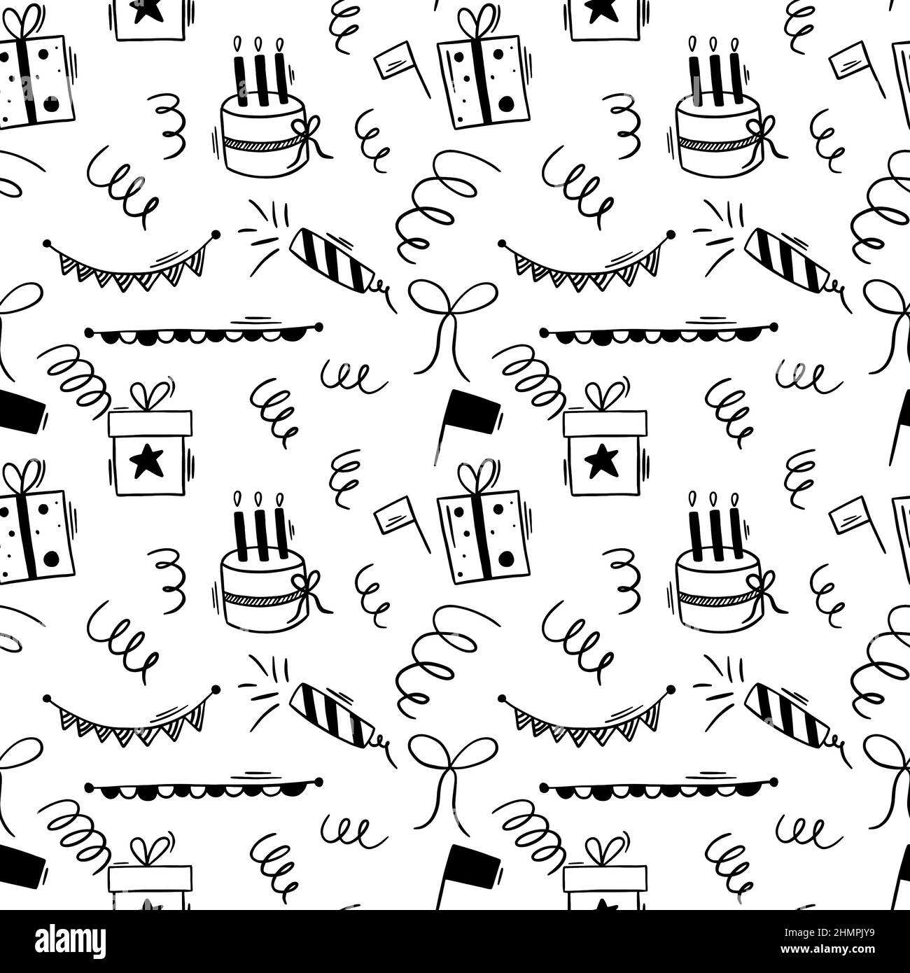 Happy birthday doodle black elements seamless pattern with birthday cake and garlands. Stock Vector