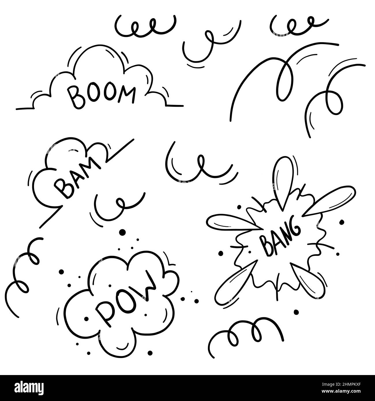 Doodle style bomb explosion set. Speech in bubbles. Stock Vector