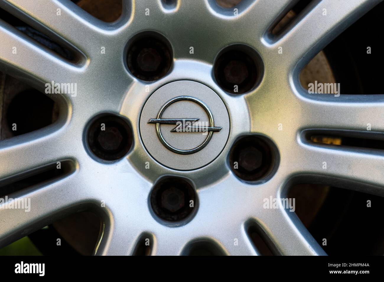 Severodonetsk, Lugansk oblast, Ukraine - Feb 11, 2022 - Opel car emblem on an alloy wheel Stock Photo