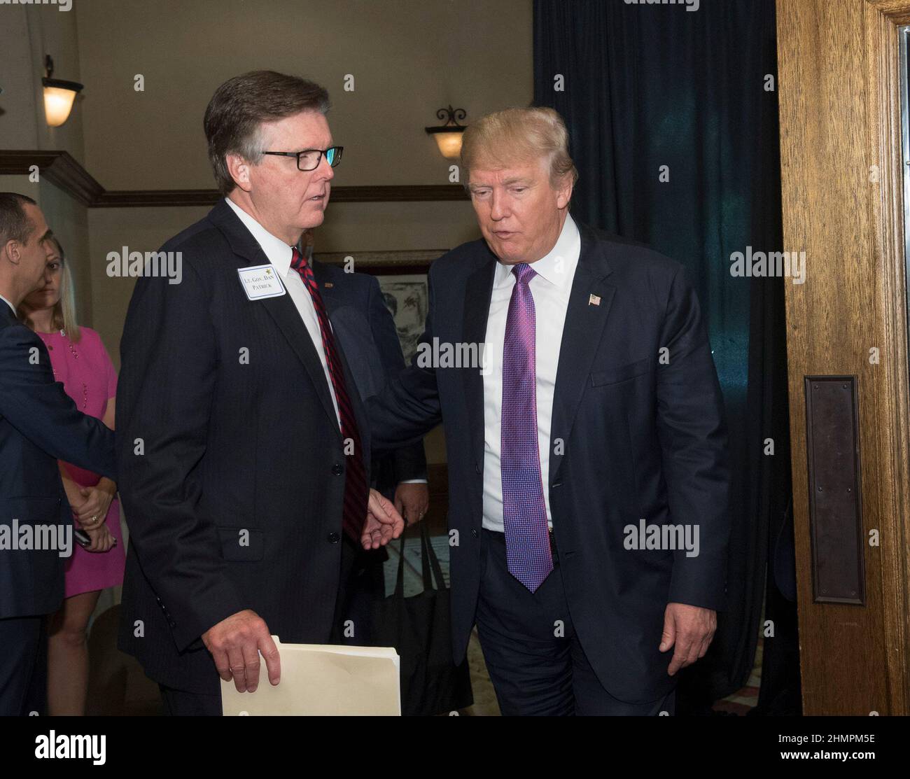 San Antonio,  Texas USA  August 23, 2016: Republican presidential nominee DONALD TRUMP brings his unconventional campaign to Texas with a swing through mostly Democratic central Texas with fund raisers and a rally. Here he converses backstage with Lt. Gov. DAN PATRICK, who heads up his Texas campaign. ©Bob Daemmrich Stock Photo