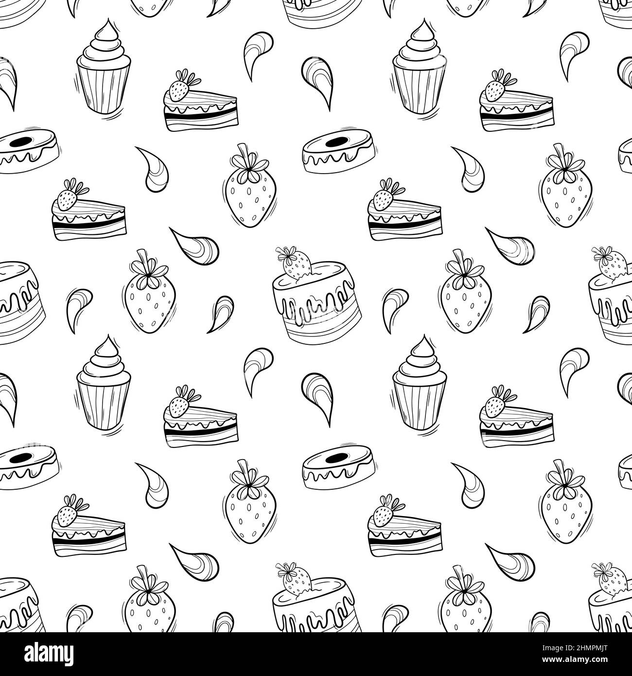 Bakery black doodle outline set with pastry. Cakes, donuts, buns and ...