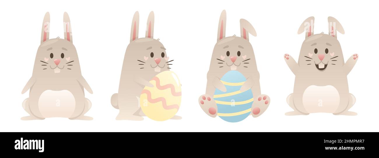 Set of cute Easter bunnies with eggs. Happy Easter. Stock Vector