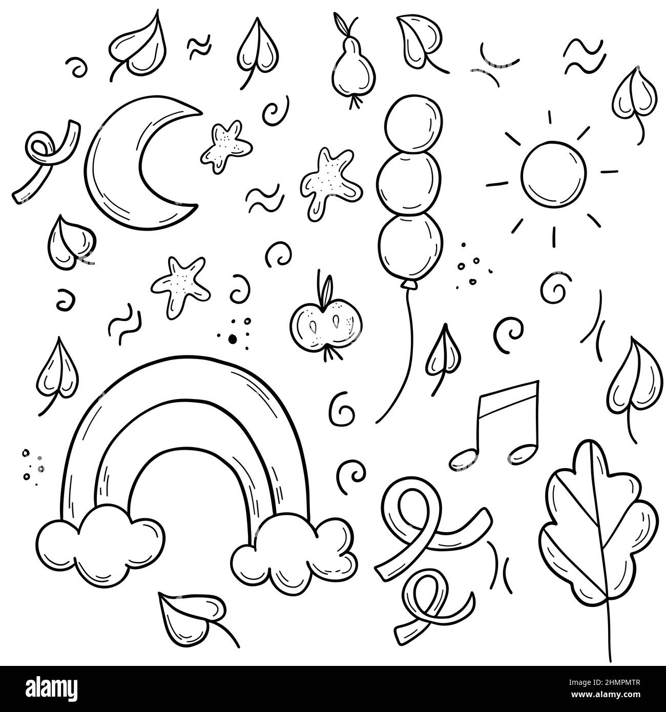 Black doodle outline children elements set with rainbow, leaves, clouds, moon and sun. Stock Vector