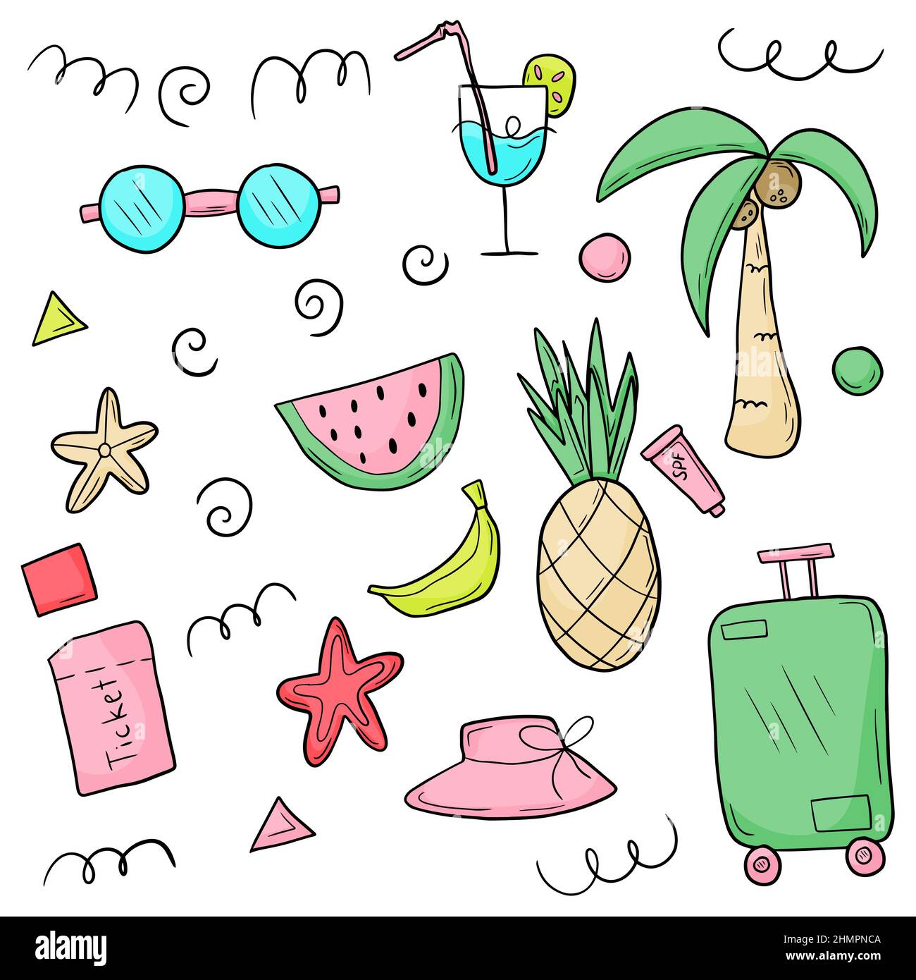 Doodle sketch style hand drawn set of travel summer vacation elements. Stock Vector