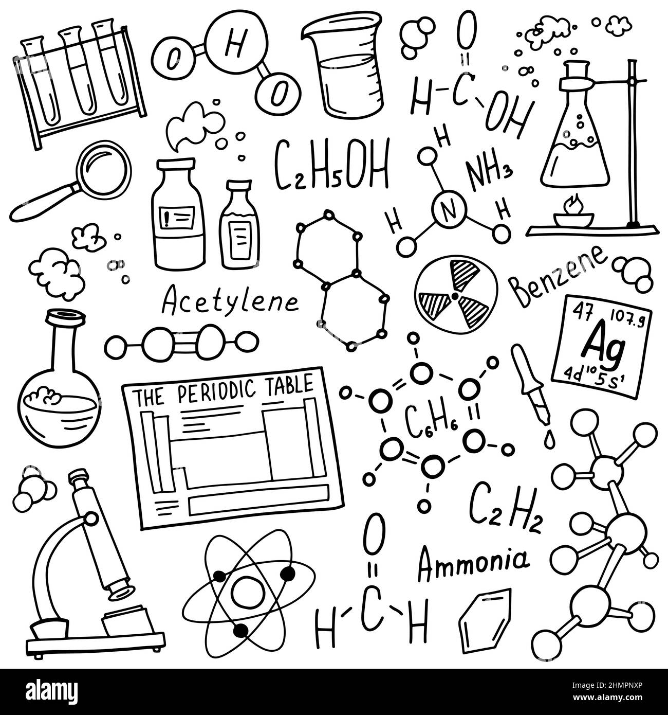 Chemistry symbols icon set. Science subject doodle design. Education and study concept. Back to school sketchy background for notebook, not pad Stock Vector