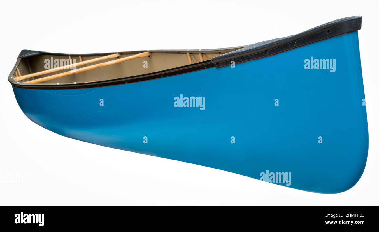 blue tandem canoe with wood seats isolated on white, water droplets on a hull Stock Photo