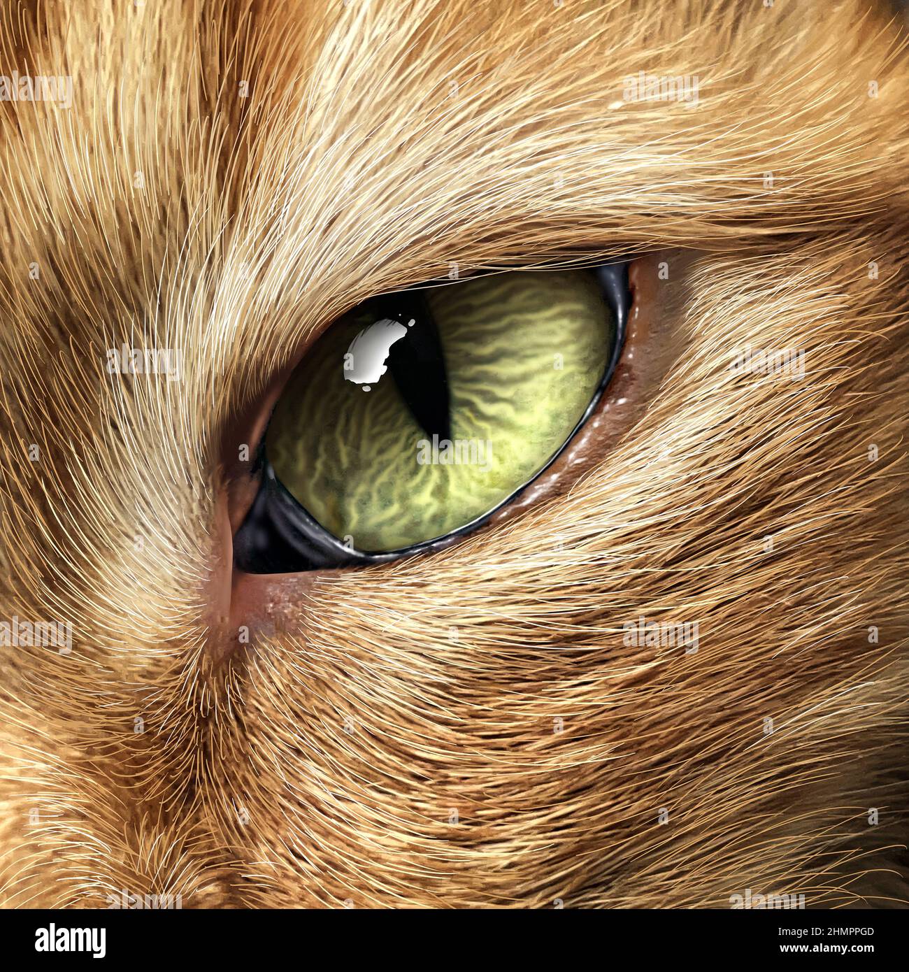Cat Eye close up as a feline or kitten looking for prey or staring representing animals and veterinary pet care in a 3D illustration style. Stock Photo