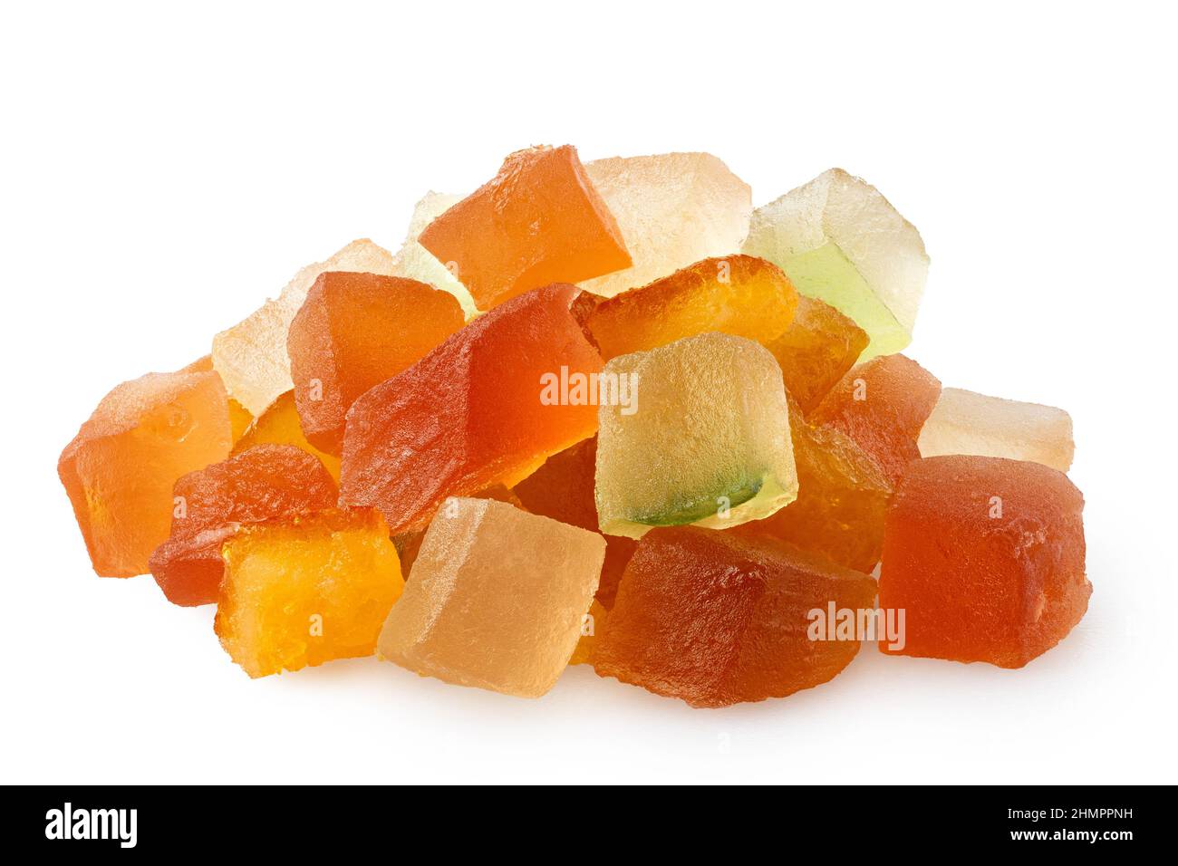 Heap of glazed dried fruit mix isolated on white. Stock Photo