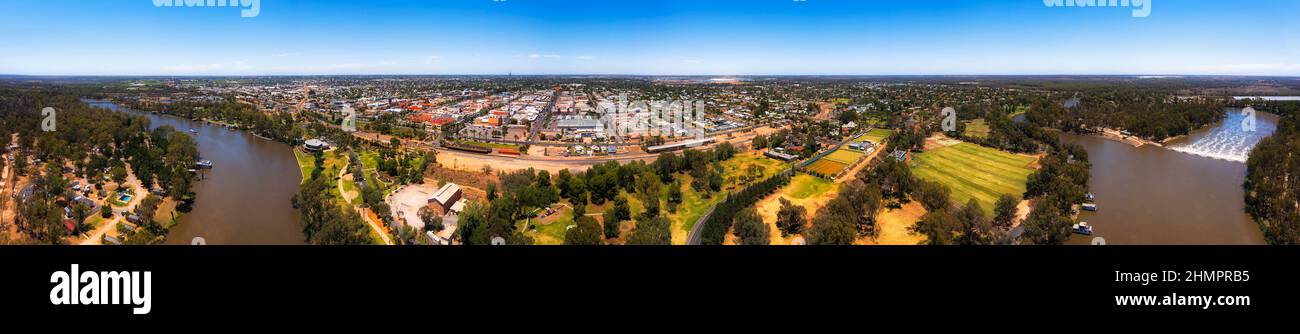 Cityscape of Mildura city on Murray river in Riverina of Australia - wide aerial panorama. Stock Photo