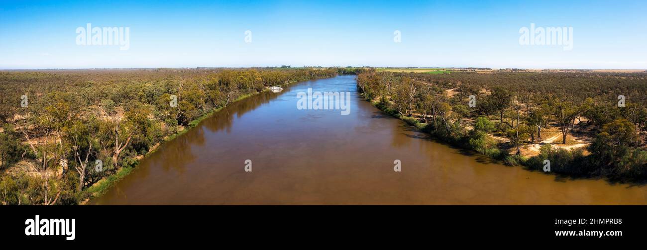 Murray river low short panorama across watercourse in plains of riverina - aerial landscape. Stock Photo