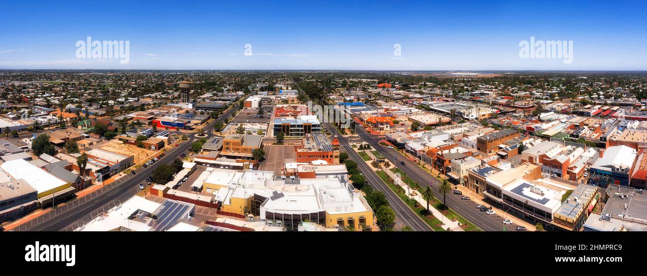 Downtown of Mildura city in Riverina on Murray river - aerial panorama. Stock Photo