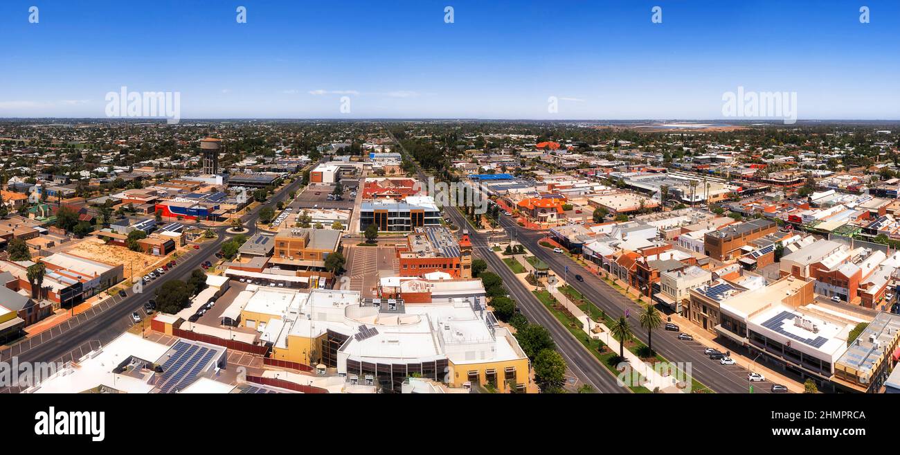 Central avenue in Downtown of Mildura city in Riverina on Murray river - aerial panorama. Stock Photo