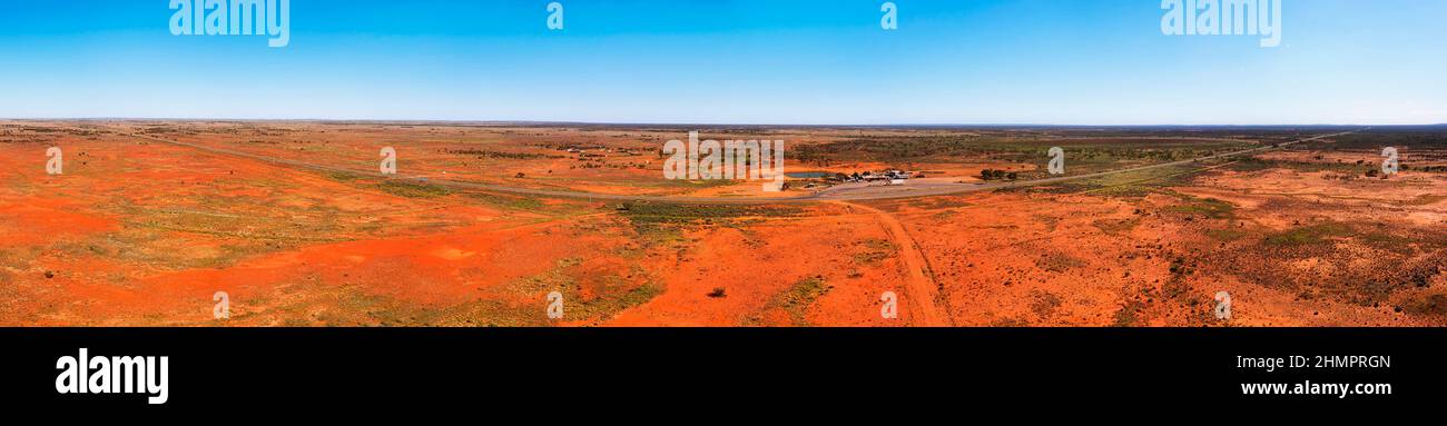 Aerial landscape panorama of Little topar roadhouse rest area stop over on Barrier highway near Broken hill city of Australian outback. Stock Photo