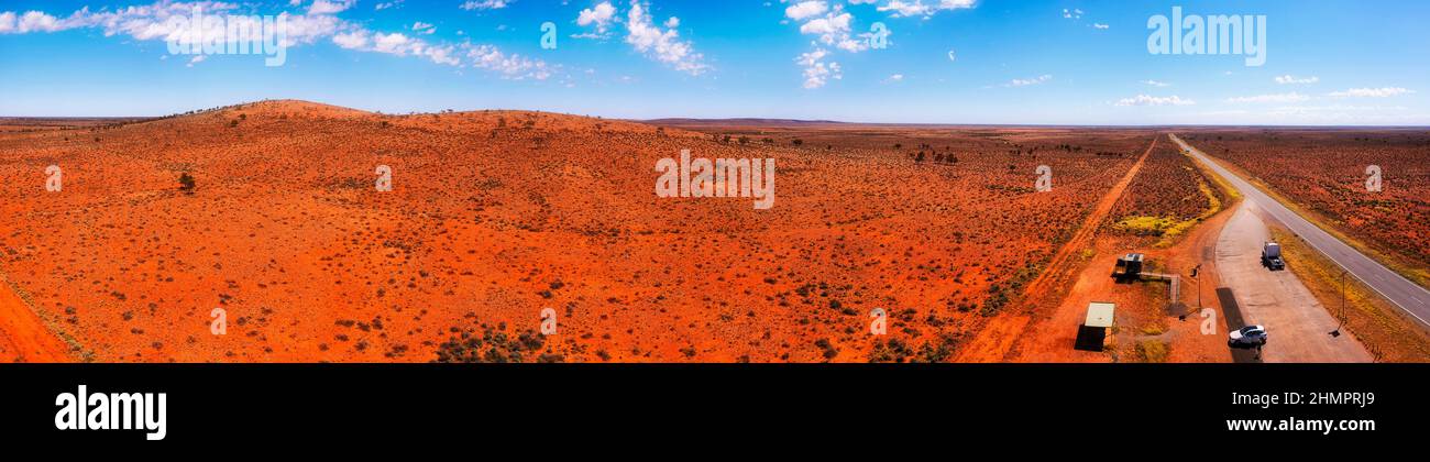 Dolo Hill rest area near hill ranges on Barrier Highway A32 in australian outback - aerial panorama. Stock Photo