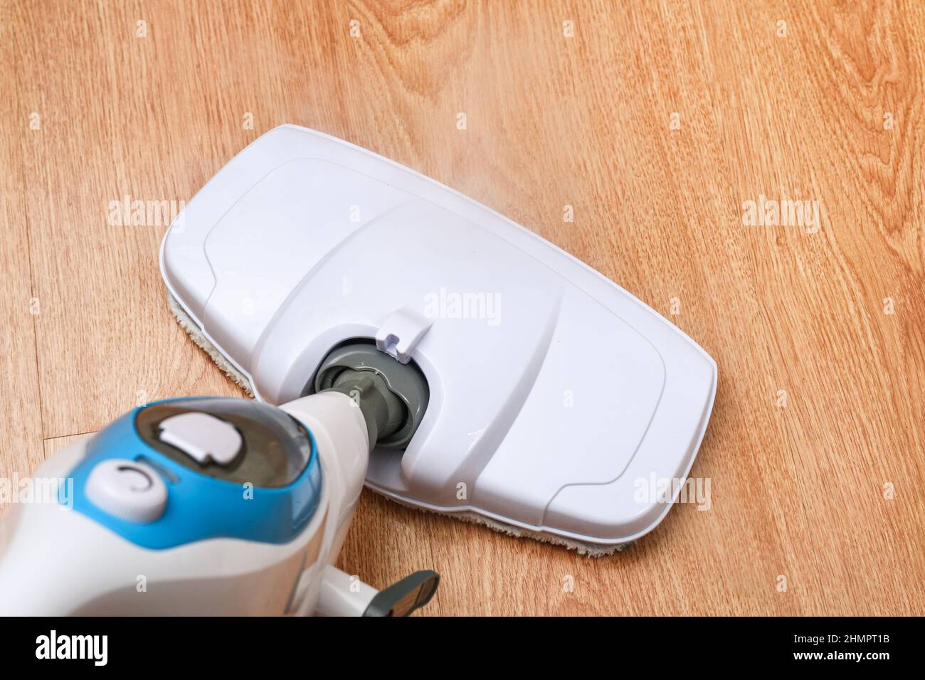 A man washes laminate flooring with a steam mop. Killing germs, clean
