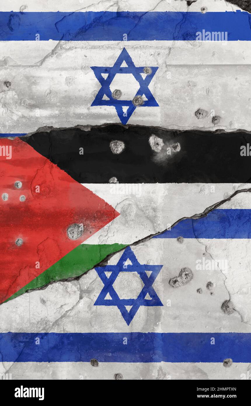 Weathered flag of Palestine between two flags of Israel painted on a cracked wall with bullet holes. Israeli-Palestinian conflict concept. Stock Photo