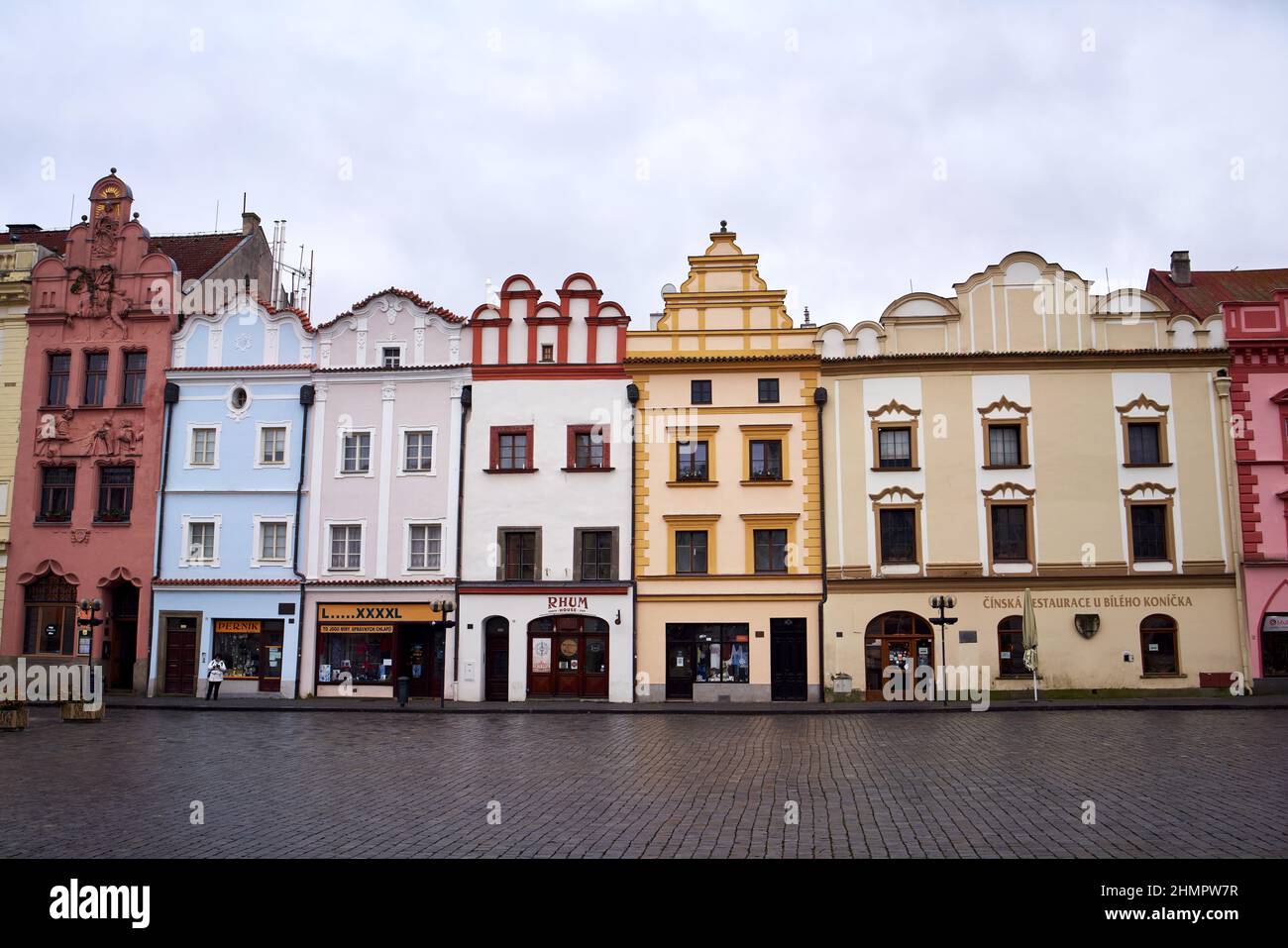PARDUBICE, CZECH REPUBLIC - JANUARY 15, 2022: Colorful houses at Pernstynske namesti in winter Stock Photo