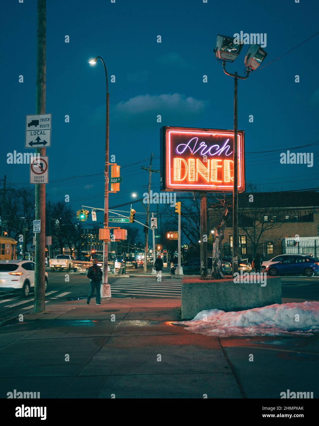 The Arch Diner at night, in Canarsie, Brooklyn, New York City Stock
