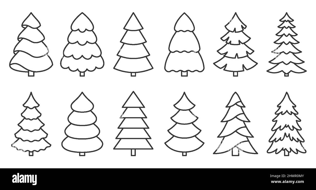 Christmas tree icon nature simple black line set. Holiday object linear pattern card sticker different shape. Forest evergreen sticker collage decor new year advertising elegant outline isolated white Stock Vector