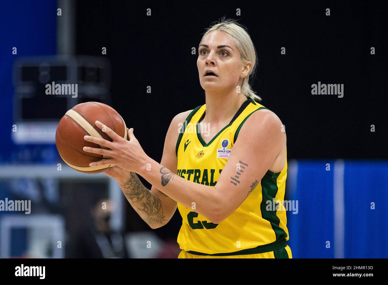 Belgrade, Serbia, 10th February 2022. Cayia George of Australia in action during the FIBA Women's Basketball World Cup Qualifying Tournament match between Australia v Brazil in Belgrade, Serbia. February 10, 2022. Credit: Nikola Krstic/Alamy Stock Photo