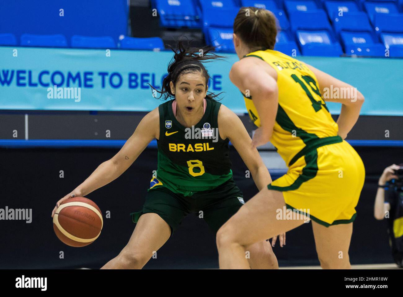 Belgrade, Serbia, 10th February 2022. Taina Paixao of Brazil takes on the opposite player during the FIBA Women's Basketball World Cup Qualifying Tournament match between Australia v Brazil in Belgrade, Serbia. February 10, 2022. Credit: Nikola Krstic/Alamy Stock Photo