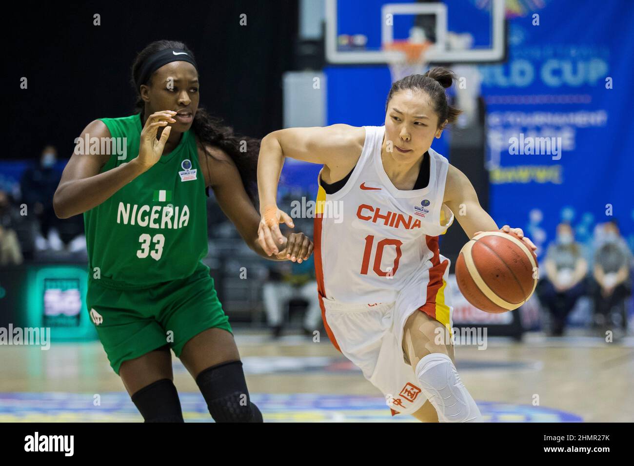 Belgrade, Serbia, 10th February 2022. Ru Zhang of China drives to the basket during the FIBA Women's Basketball World Cup Qualifying Tournament match between China v Nigeria in Belgrade, Serbia. February 10, 2022. Credit: Nikola Krstic/Alamy Stock Photo