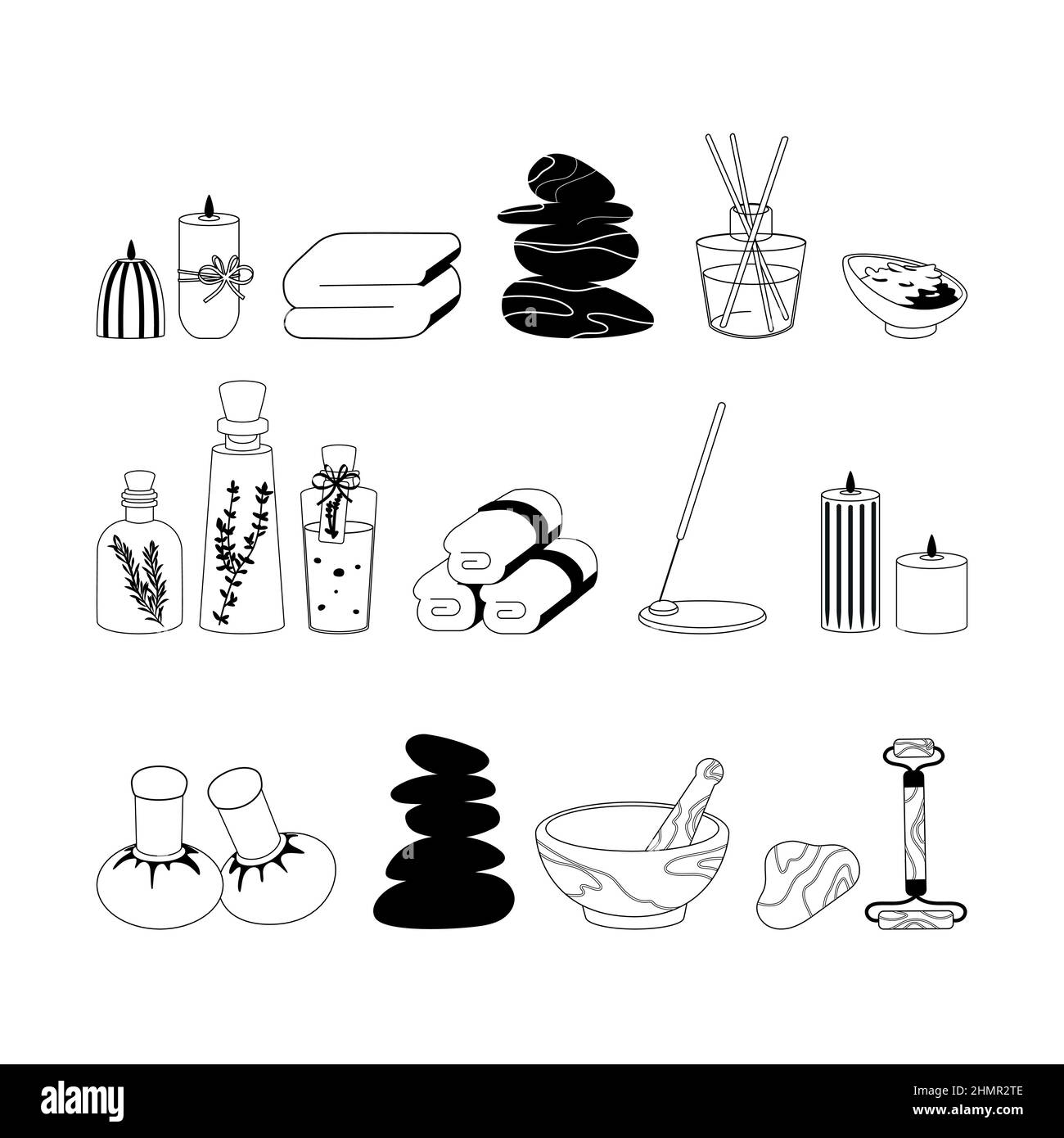 Black and White Vector Spa set Relaxation  Stock Vector